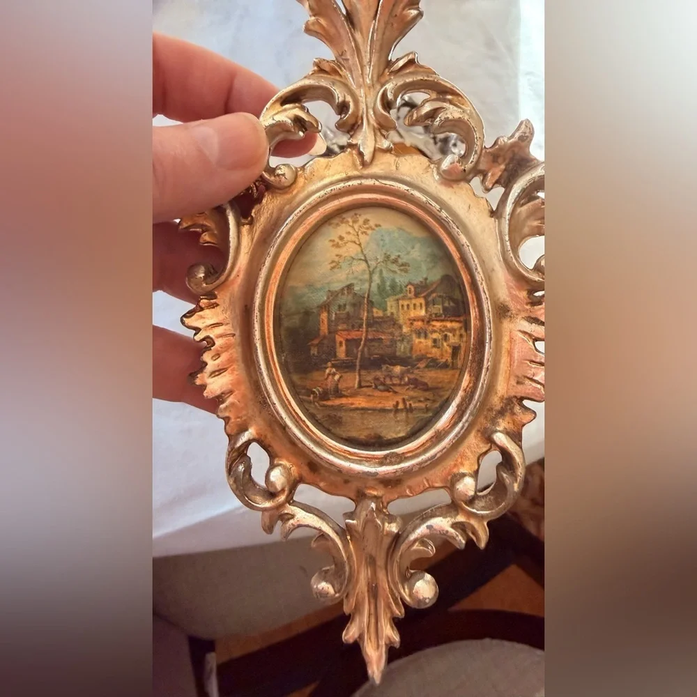vintage Italian-style gilt gold framed silk prints